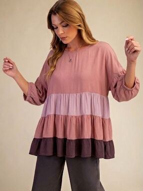 Easel Color Block Tiered 3/4 Sleeve Top